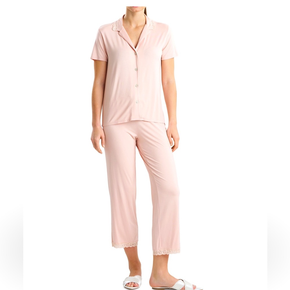 Natori Tan Short Sleeve Button Down Shirt